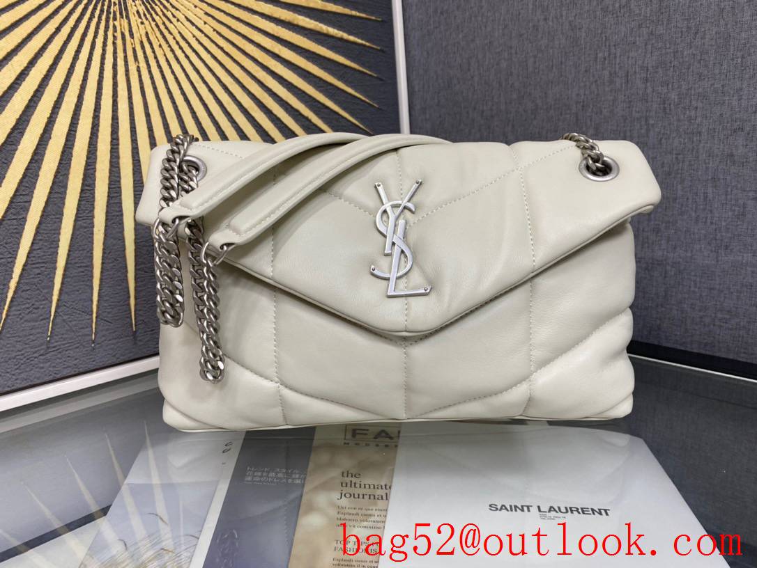 Saint Laurent YSL Puffer Small Bag Handbag in Quilted Lambskin Cream Silver 577476
