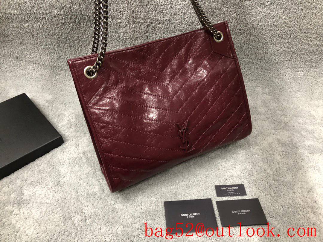 YSL Saint Laurent NiKi Medium Shopping Bag in Crinkled Leather Wine 577999