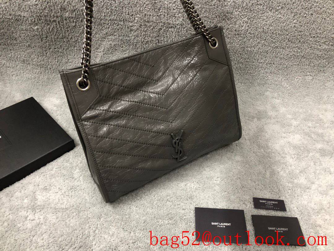 YSL Saint Laurent NiKi Medium Shopping Bag in Crinkled Leather Gray 577999