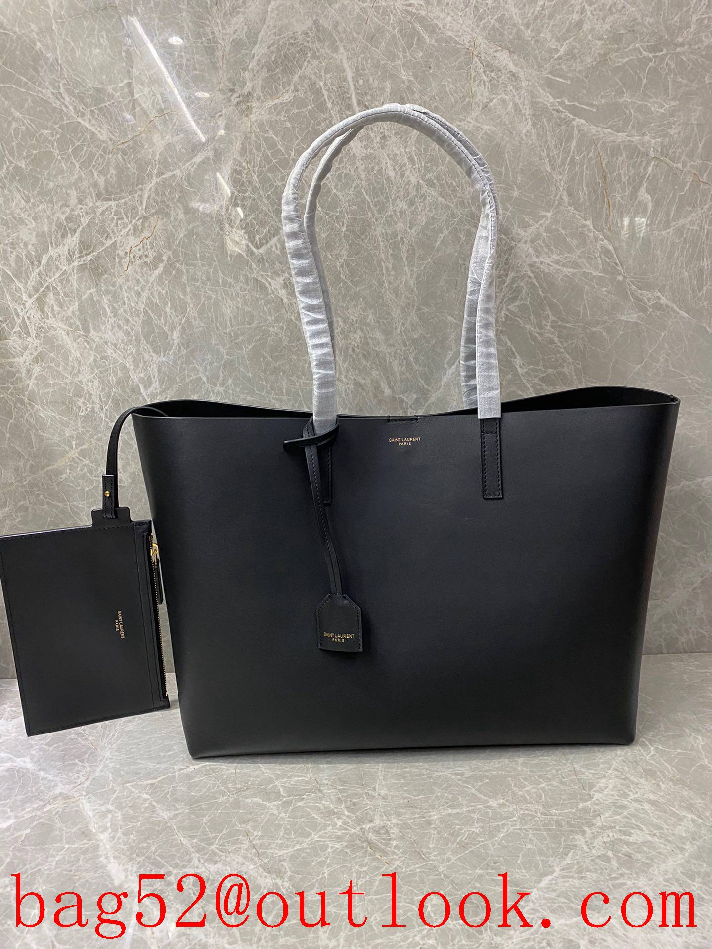 YSL Saint Laurent Real Leather Large Shopping Tote Bag Handbag Black 394194