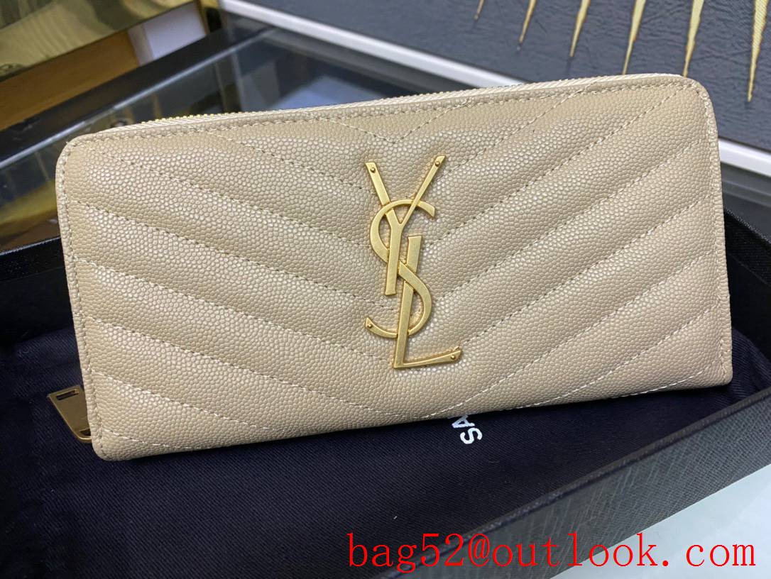 YSL Saint Laurent Monogram Zip Around Wallet Purse in Grained Leather Beige 358094