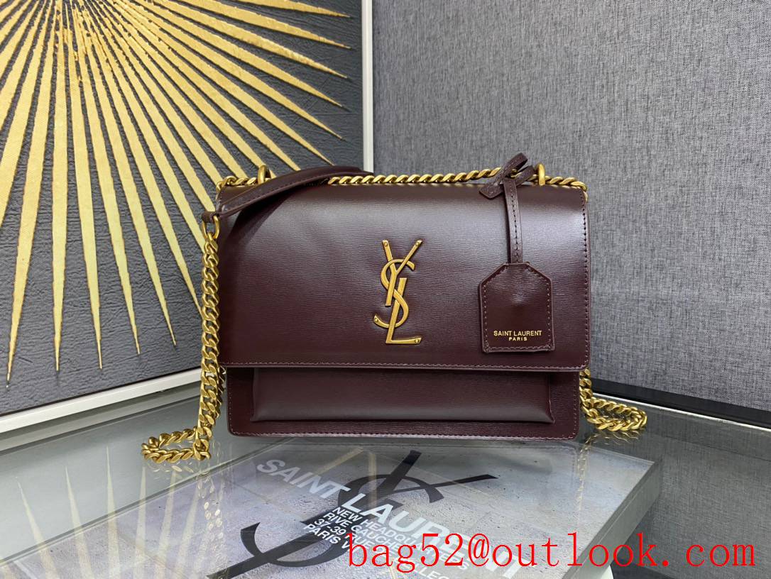 YSL Saint Laurent Calf Leather Sunset Medium Shoulder Bag Handbag Wine 442906