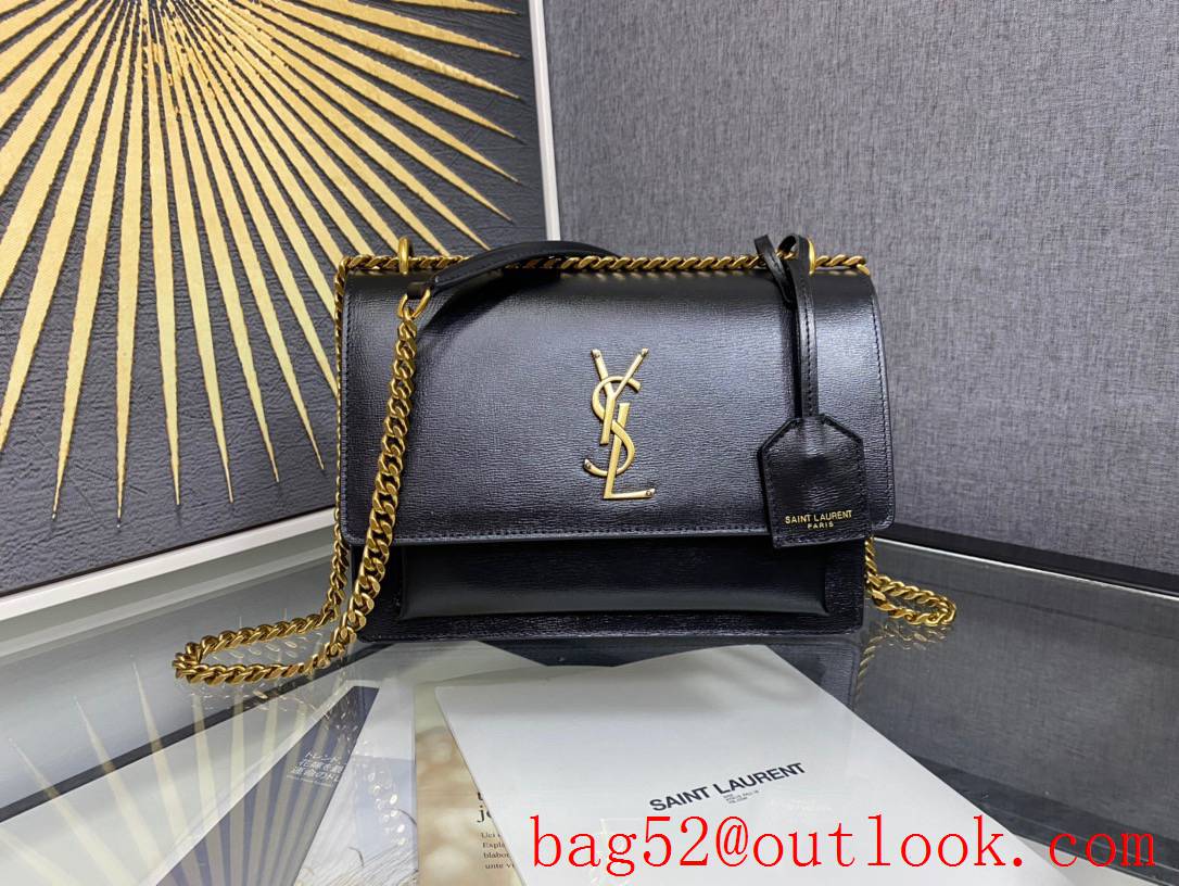 YSL Saint Laurent Calf Leather Sunset Medium Shoulder Bag Black Gold 442906