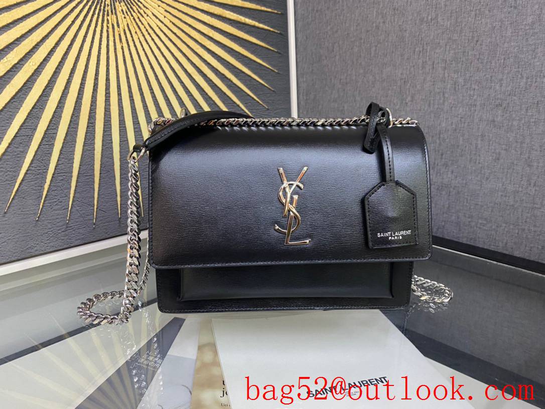 YSL Saint Laurent Calf Leather Sunset Medium Shoulder Bag Black Silver 442906