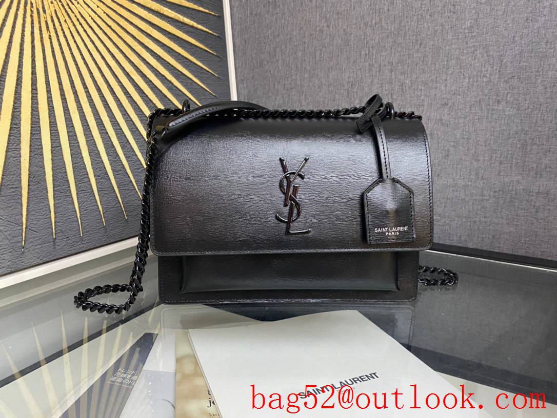 YSL Saint Laurent Calf Leather Sunset Medium Shoulder Bag Handbag Black 442906