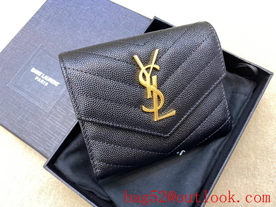 YSL Saint Laurent Calf Leather Monogram Compact Tri Fold Wallet Purse Black 403943