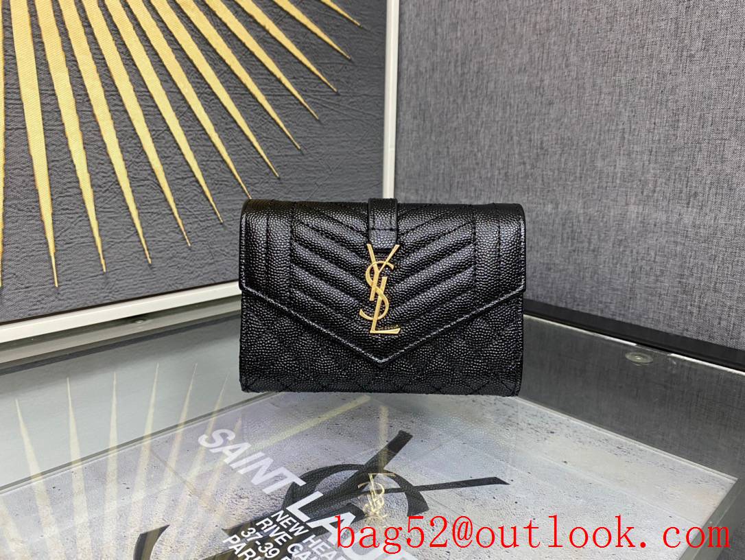 YSL Saint Laurent Leather Monogram Small Envelope Wallet Purse Black Gold 651026