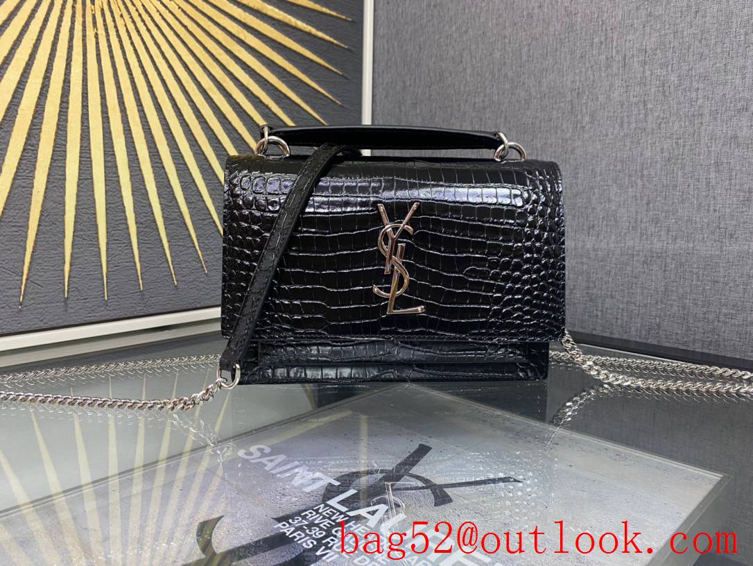 YSL Saint Laurent Sunset Chain Wallet Bag in Calf Leather Crocodile Silver 533026