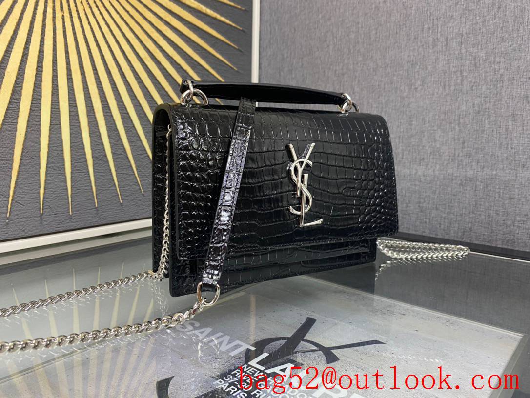 YSL Saint Laurent Sunset Chain Wallet Bag in Calf Leather Crocodile Silver 533026