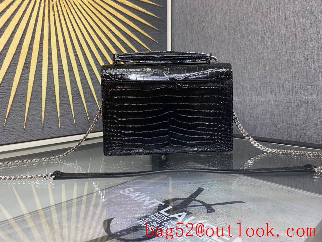 YSL Saint Laurent Sunset Chain Wallet Bag in Calf Leather Crocodile Silver 533026