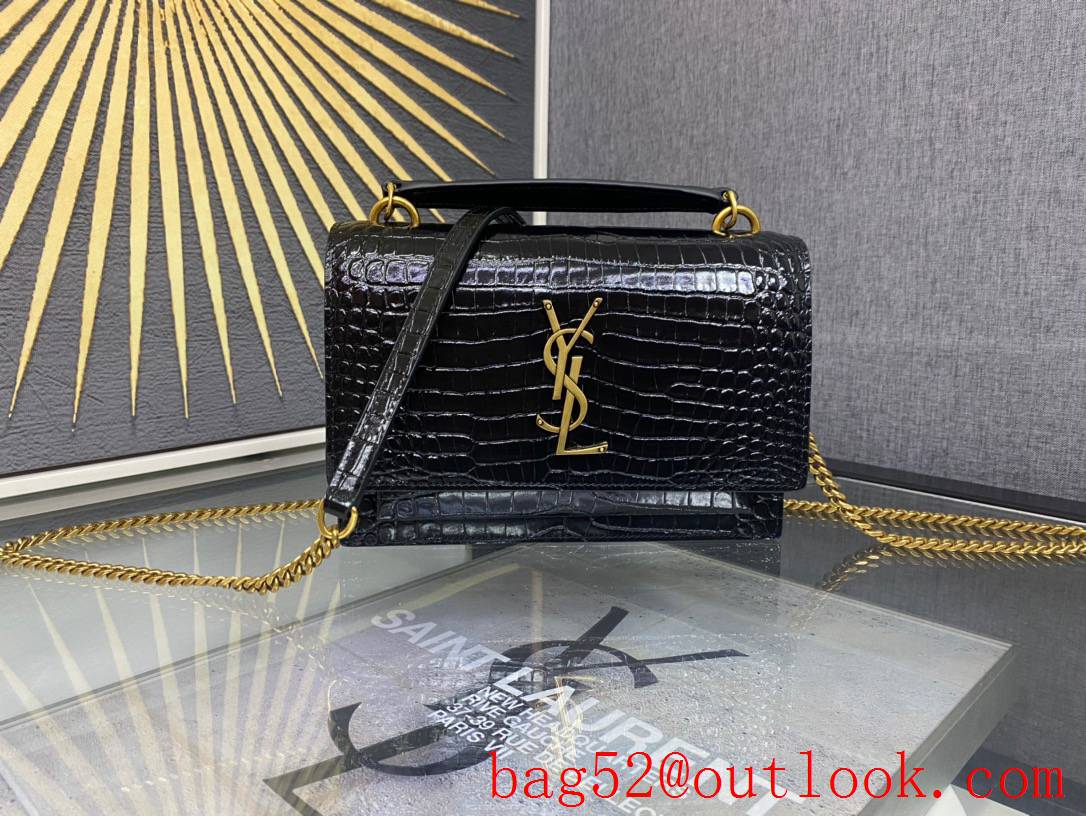 YSL Saint Laurent Sunset Chain Wallet Bag in Calf Leather Crocodile Gold 533026
