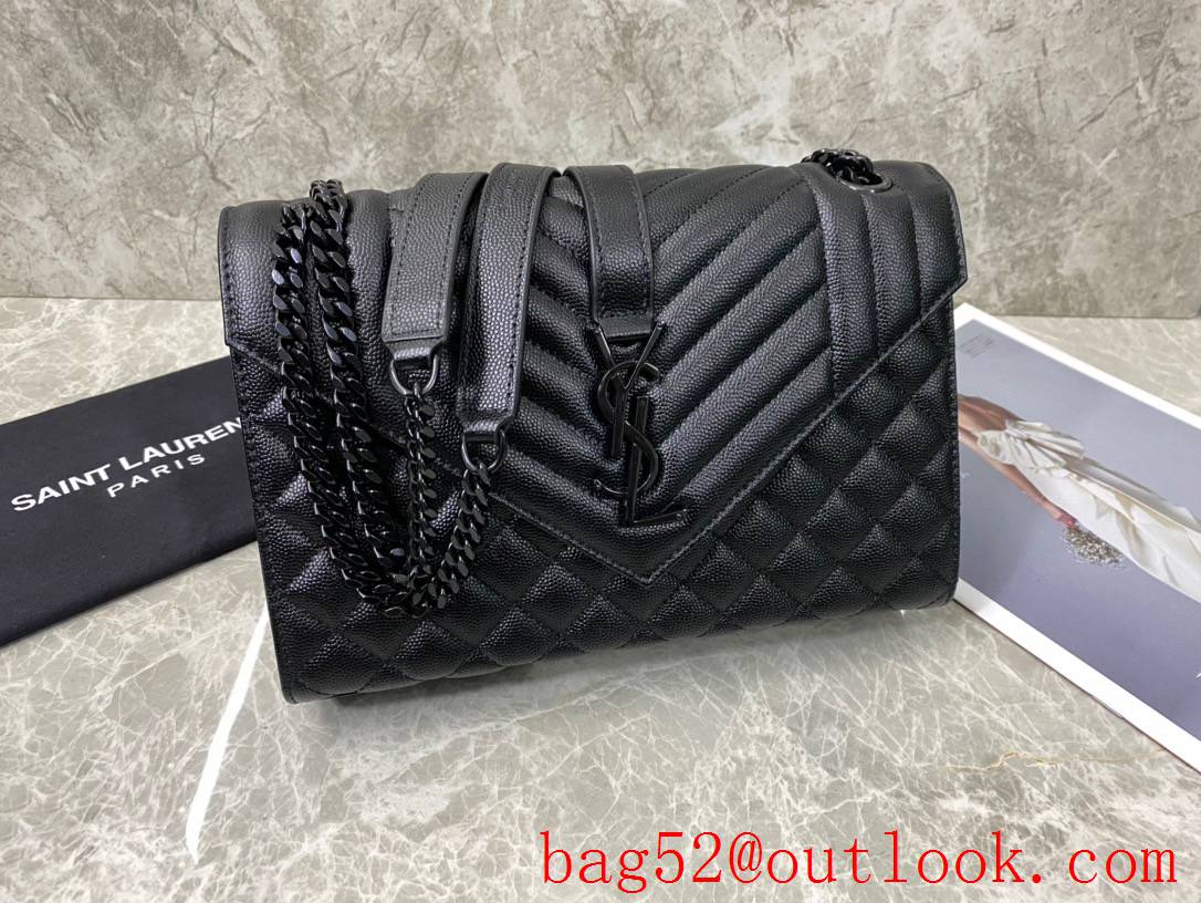 YSL Saint Laurent Monogram Medium Envelope Bag Handbag Grain Leather Black 487206
