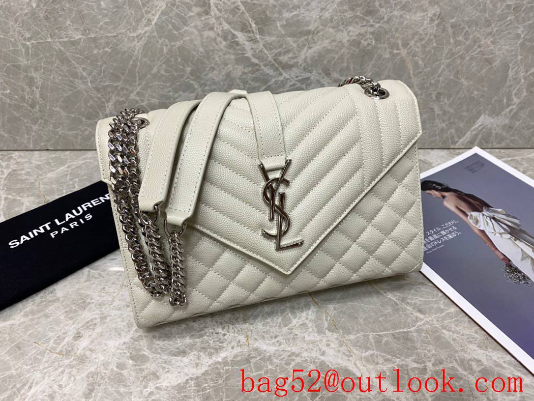 YSL Saint Laurent Monogram Medium Envelope Bag Handbag Cream Grain Leather 487206