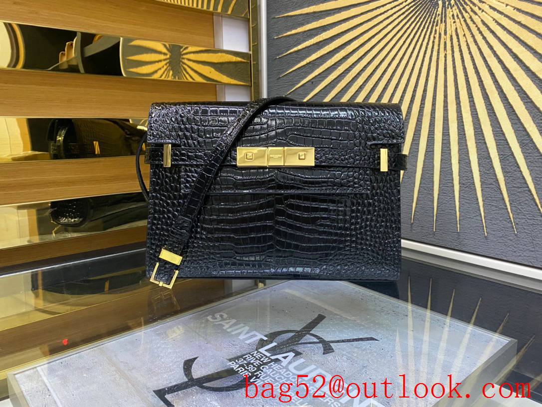 YSL Saint Laurent Manhattan Small Shoulder Bag Handbag Black Crocodile 675626