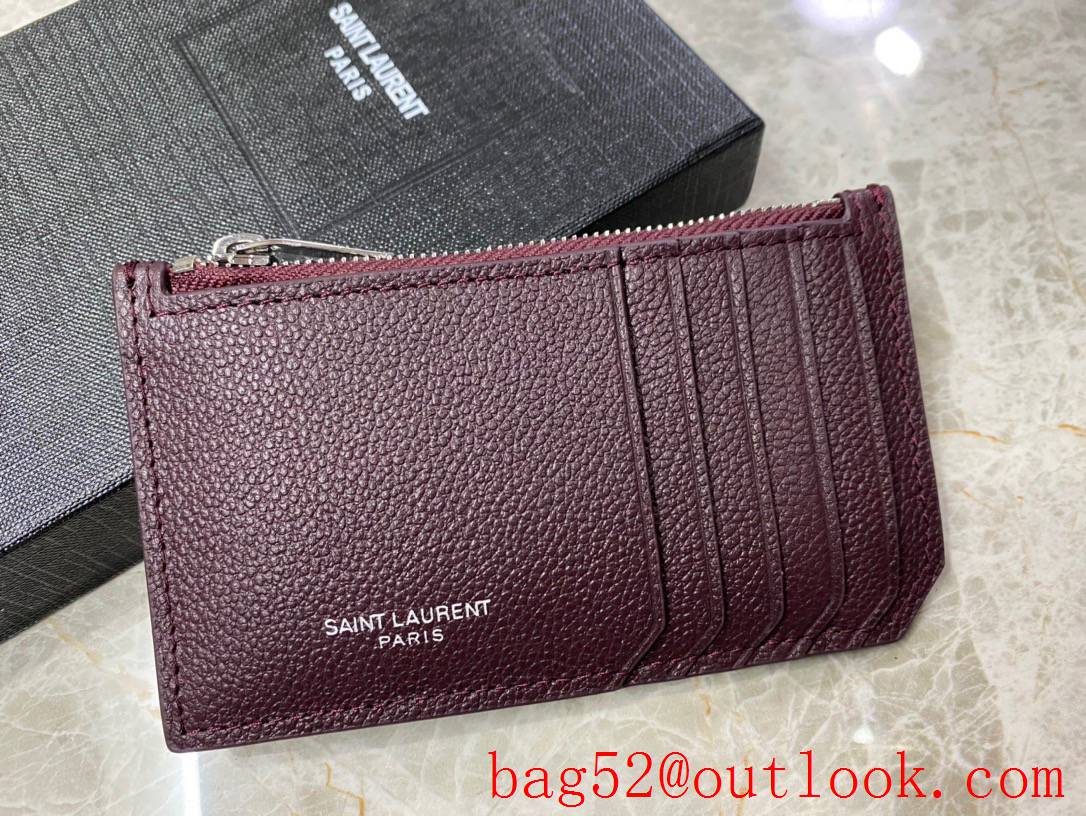 YSL Saint Laurent Fragments Zipped Card Case in Grained leather Wine 631992