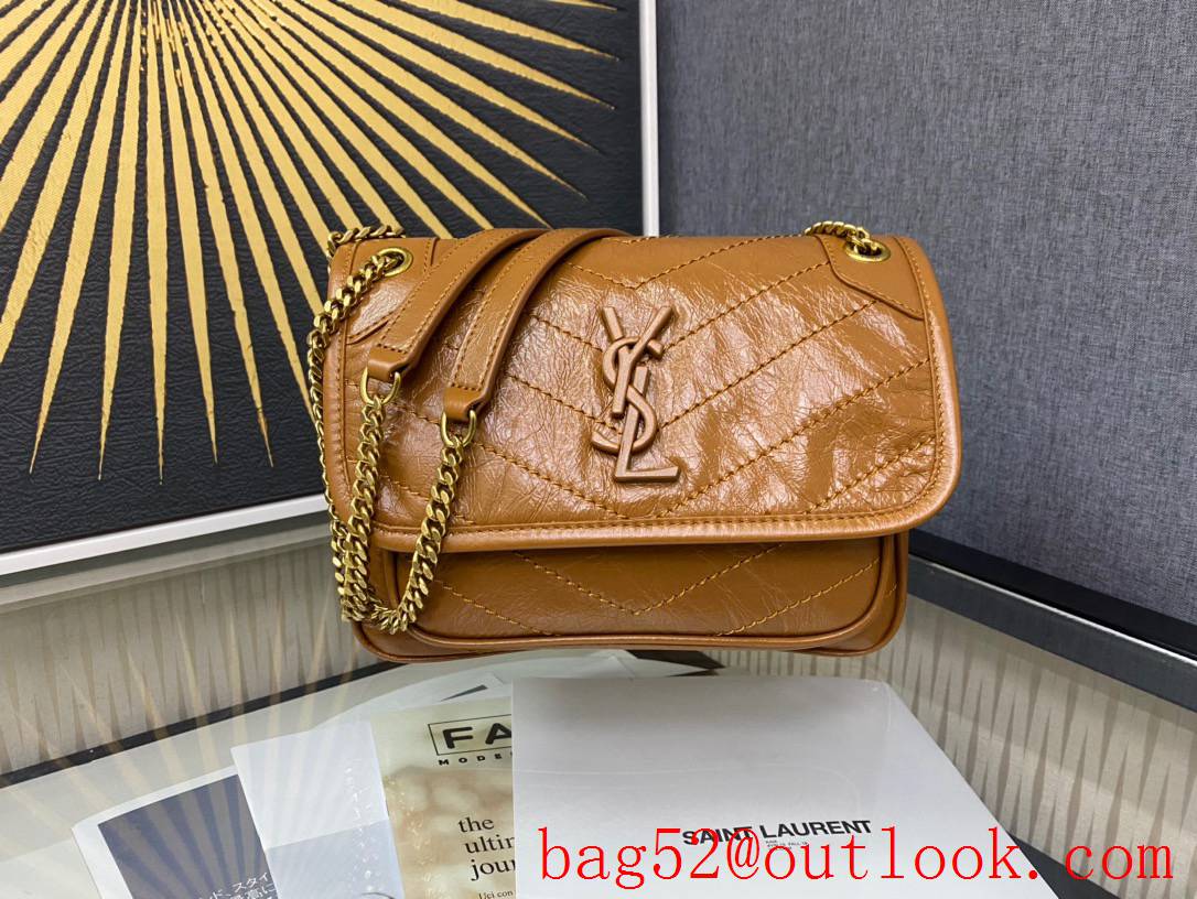 YSL Saint Laurent Niki Baby Shoulder Bag Handbag in Crinkled Leather Tan 533037