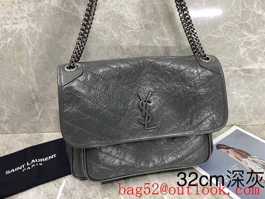 YSL Saint Laurent Niki Large Bag Handbag in Crinkled Leather Dark Gray 498830