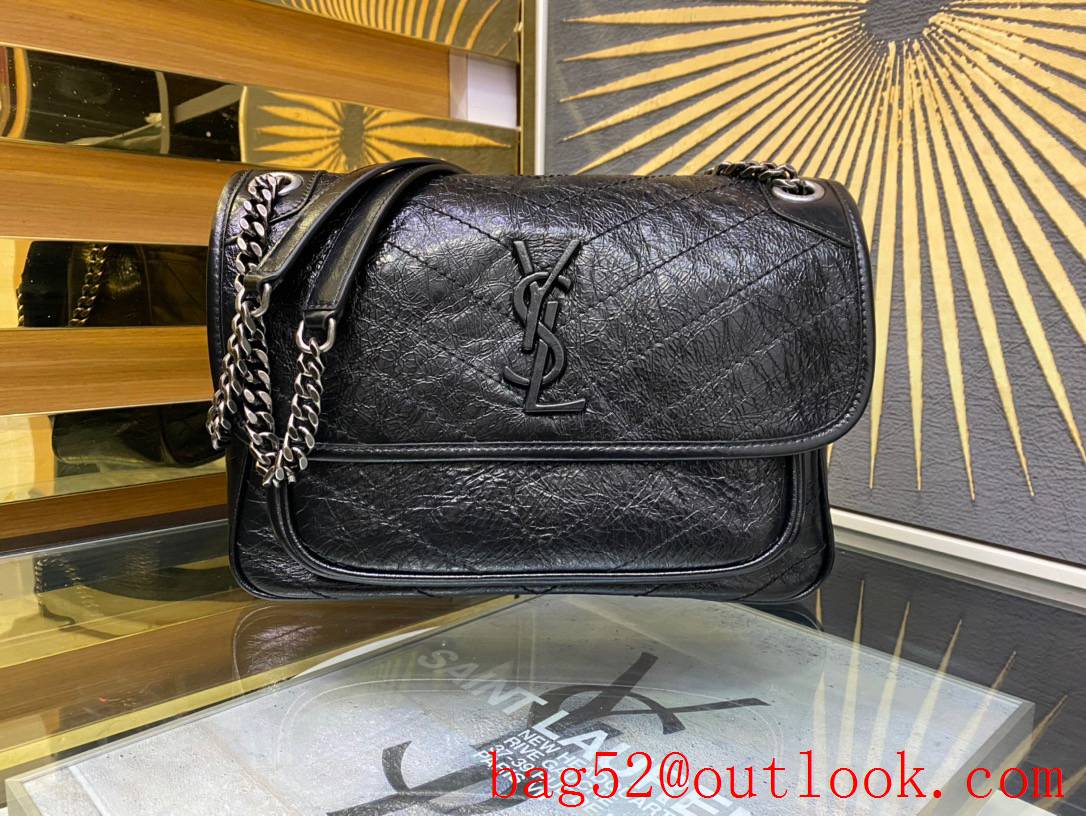 YSL Saint Laurent Niki Medium Bag Handbag in Crinkled Leather Black 498894