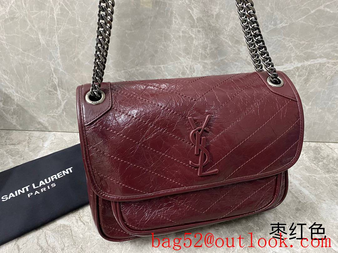 YSL Saint Laurent Niki Medium Bag Handbag in Crinkled Leather Wine 498894