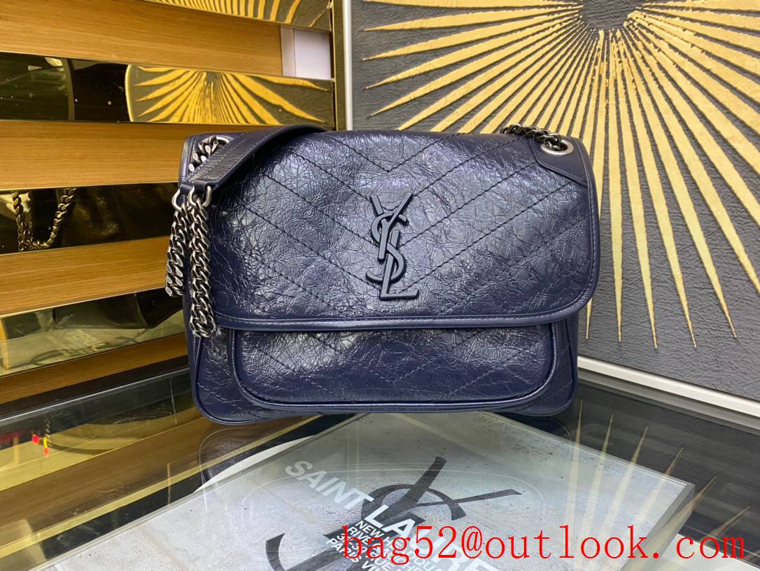 YSL Saint Laurent Niki Medium Bag Handbag in Crinkled Leather Navy 498894