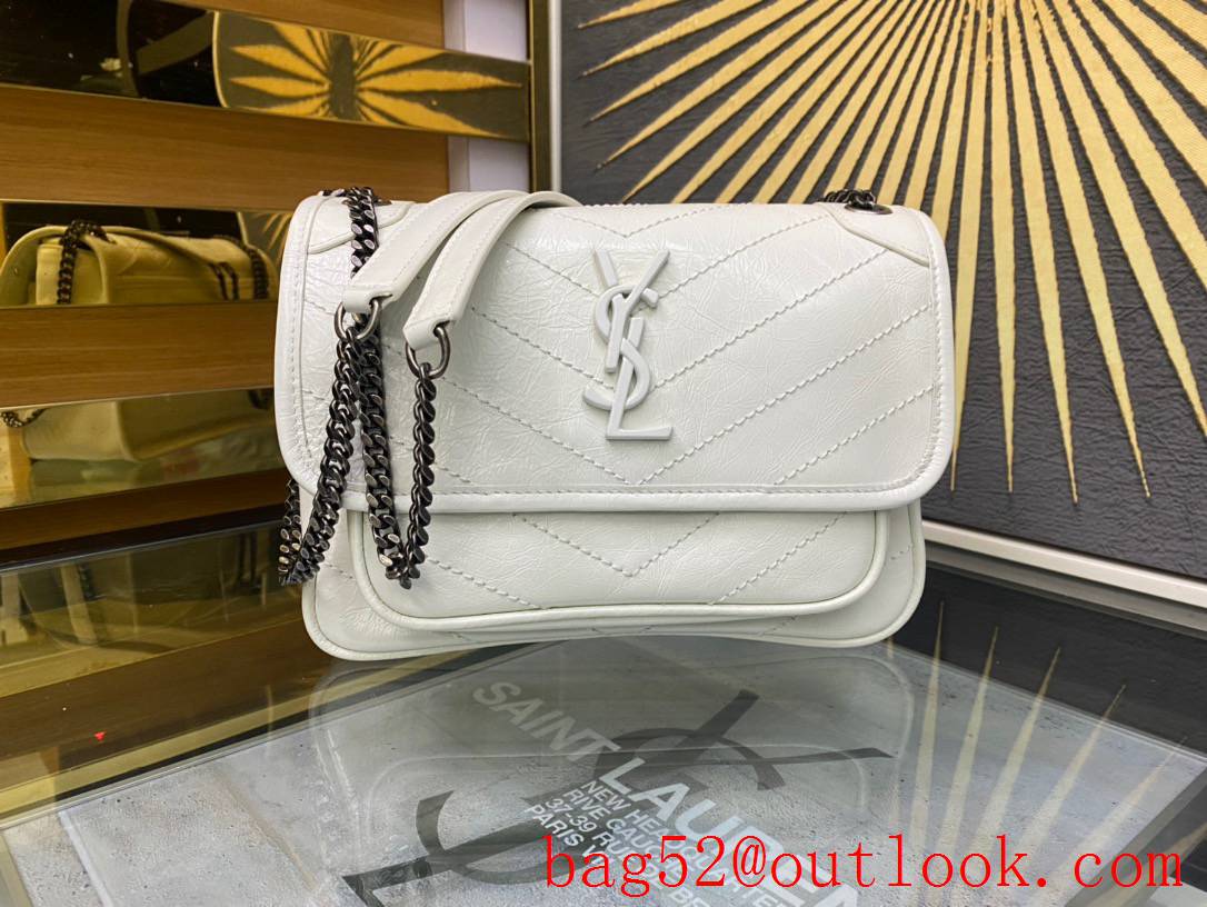YSL Saint Laurent Niki Baby Shoulder Bag Handbag in Crinkled Leather White 533037