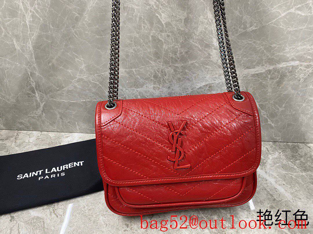 YSL Saint Laurent Niki Baby Shoulder Bag Handbag in Crinkled Leather Red 533037