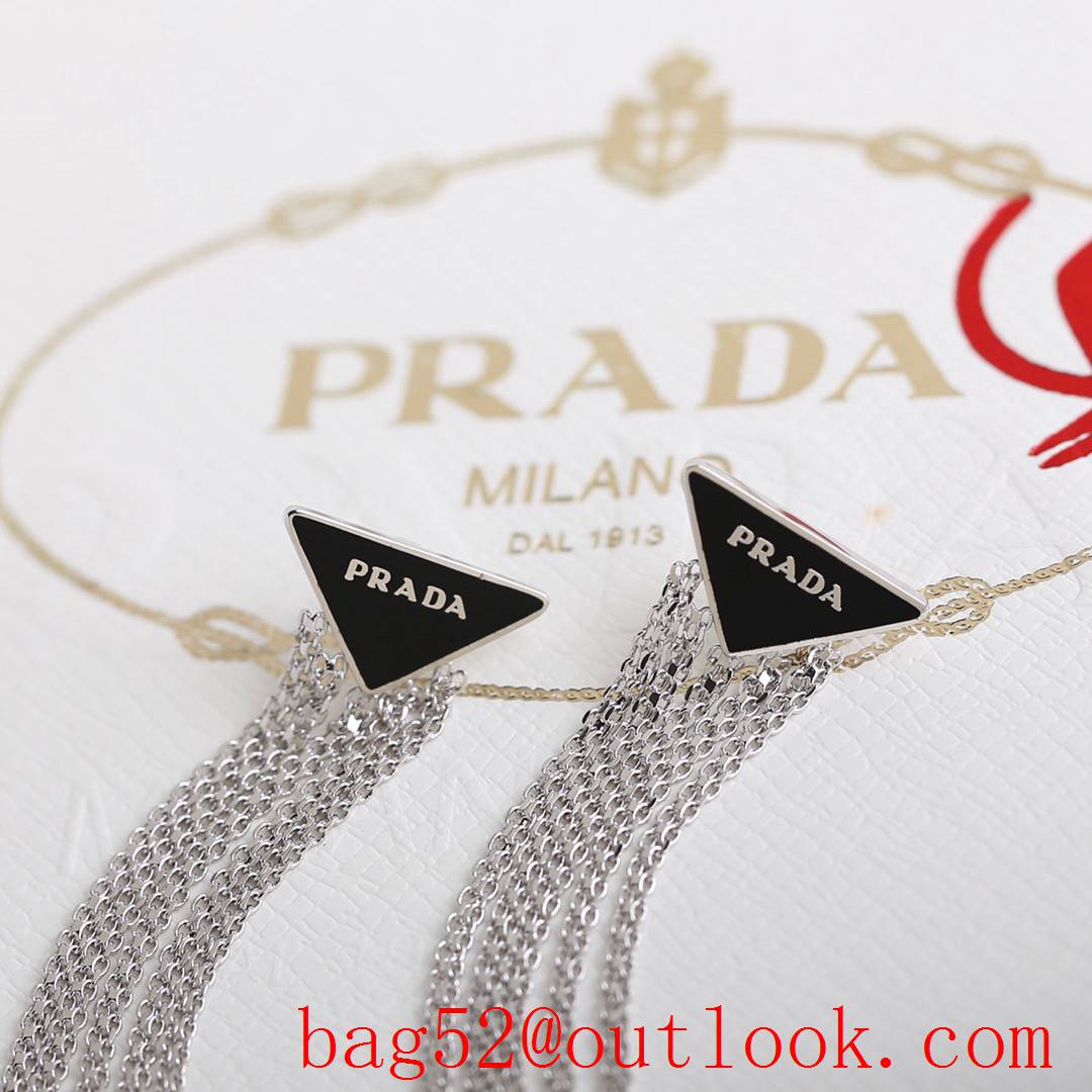 Prada Triangle Long Tassel Earrings Black